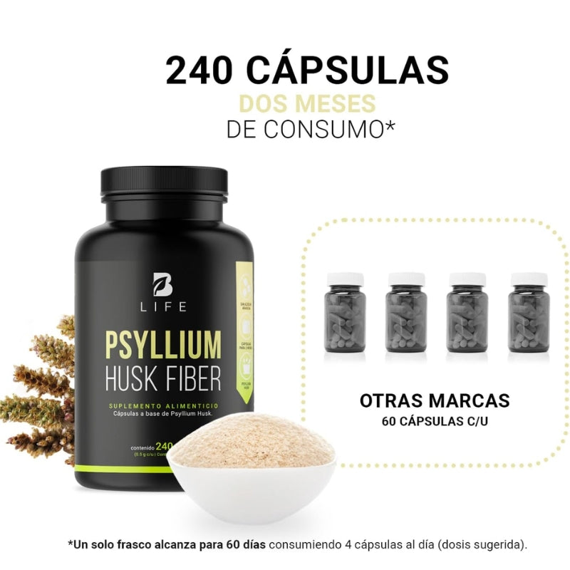 Fibra de Psyllium Husk con 240 cápsulas | B Life