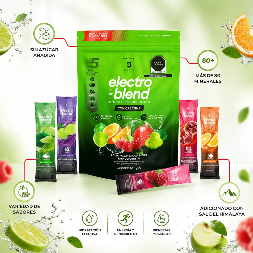 B Life | Electroblend con Creatina | Electrolitos | Hidratación inteligente y natural | 45 sobres de | 5g de creatina