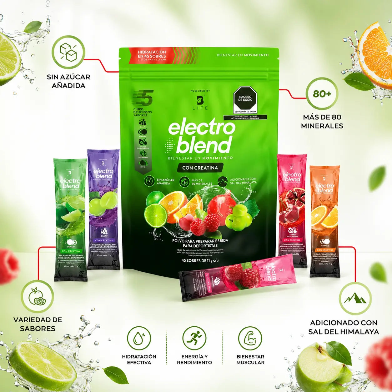 B Life | Electroblend con Creatina | Electrolitos | Hidratación inteligente y natural | 45 sobres de | 5g de creatina