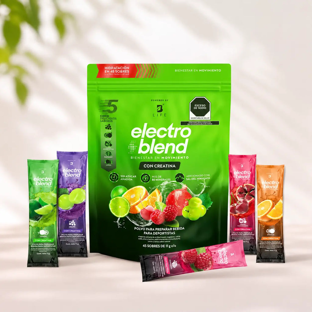 B Life | Electroblend con Creatina | Electrolitos | Hidratación inteligente y natural | 45 sobres de | 5g de creatina