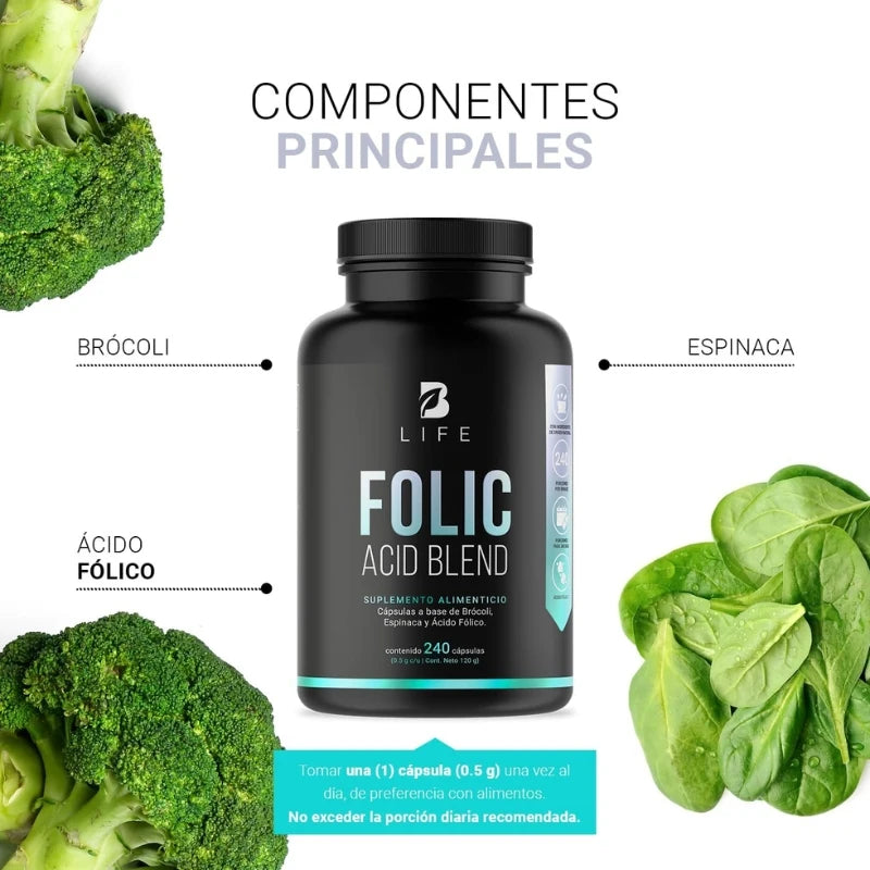 Ácido Fólico de 240 cápsulas con Brócoli y Espinaca B Life
