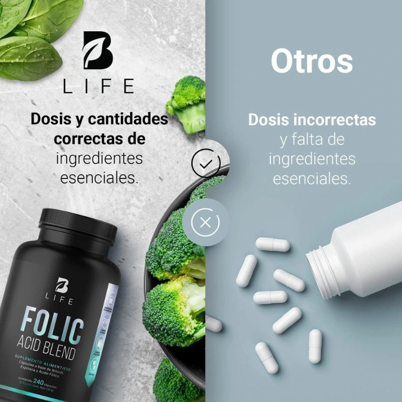 Ácido Fólico de 240 cápsulas con Brócoli y Espinaca B Life