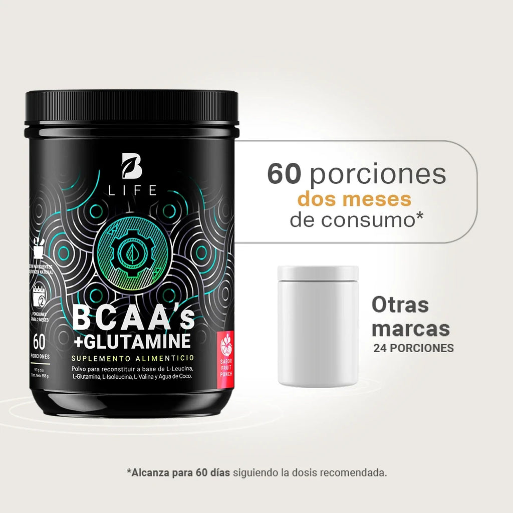 BCAAs con Glutamina en polvo | 558 gr | 60 Porciones | con Glutamina y Agua de Coco