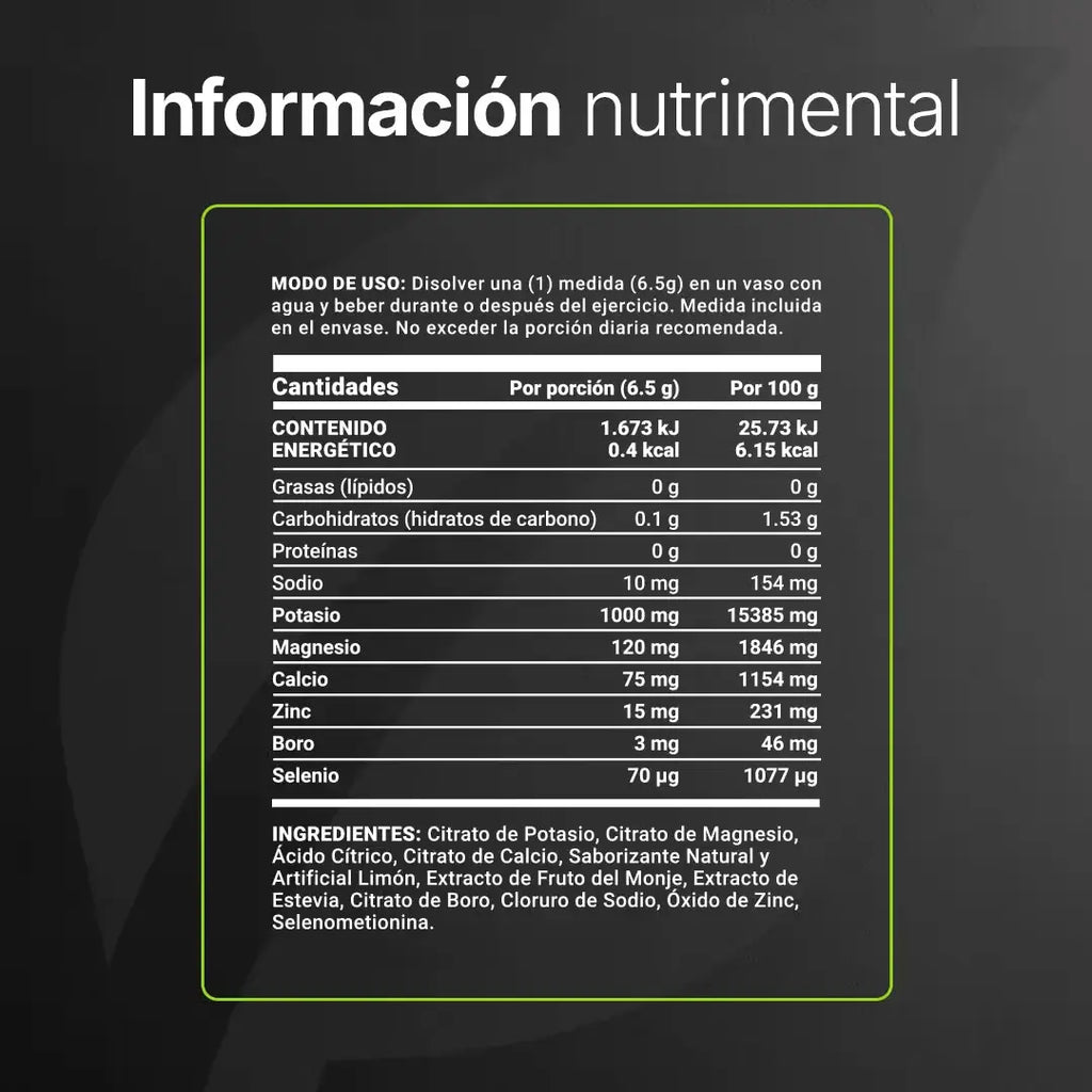 Electrolitos Sin Azúcar | con Citrato de Potasio, Magnesio, Calcio, Sodio, Zinc | Sabor Lemon | 60 servicios
