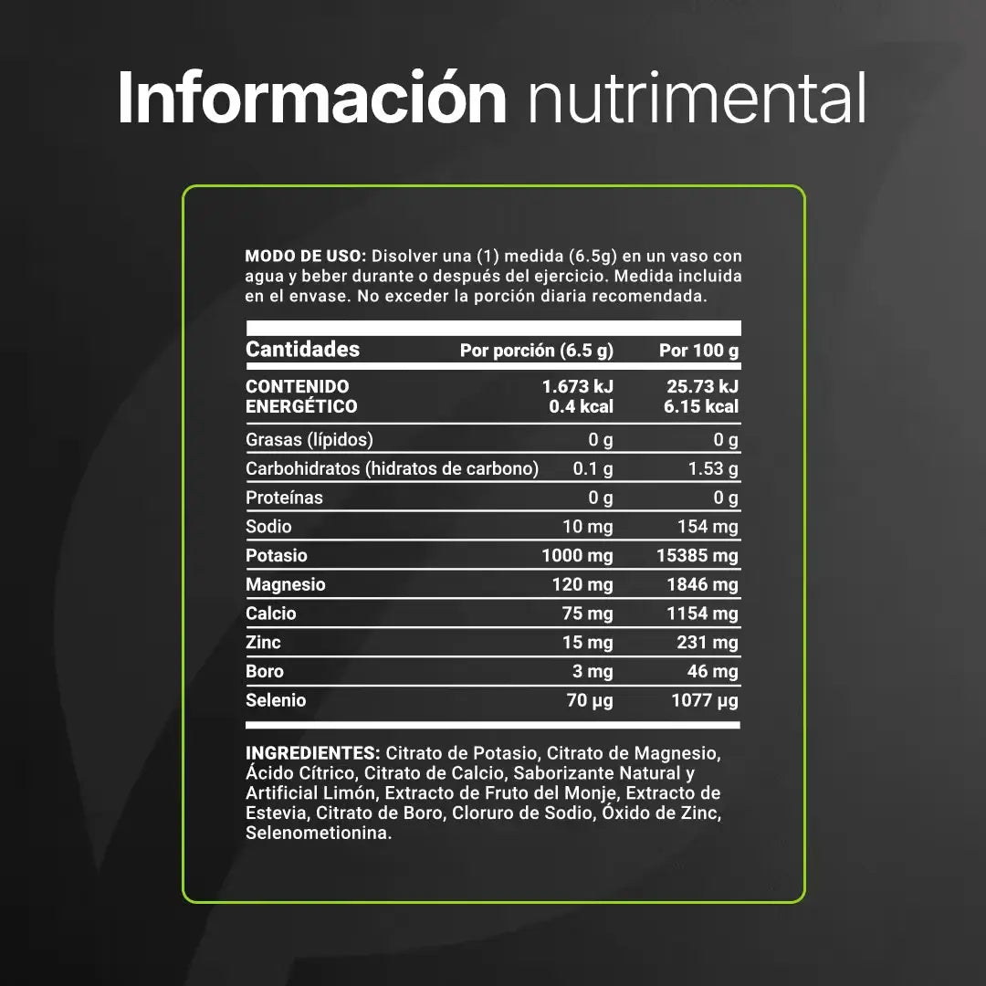 Electrolitos Sin Azúcar | con Citrato de Potasio, Magnesio, Calcio, Sodio, Zinc | Sabor Lemon | 60 servicios