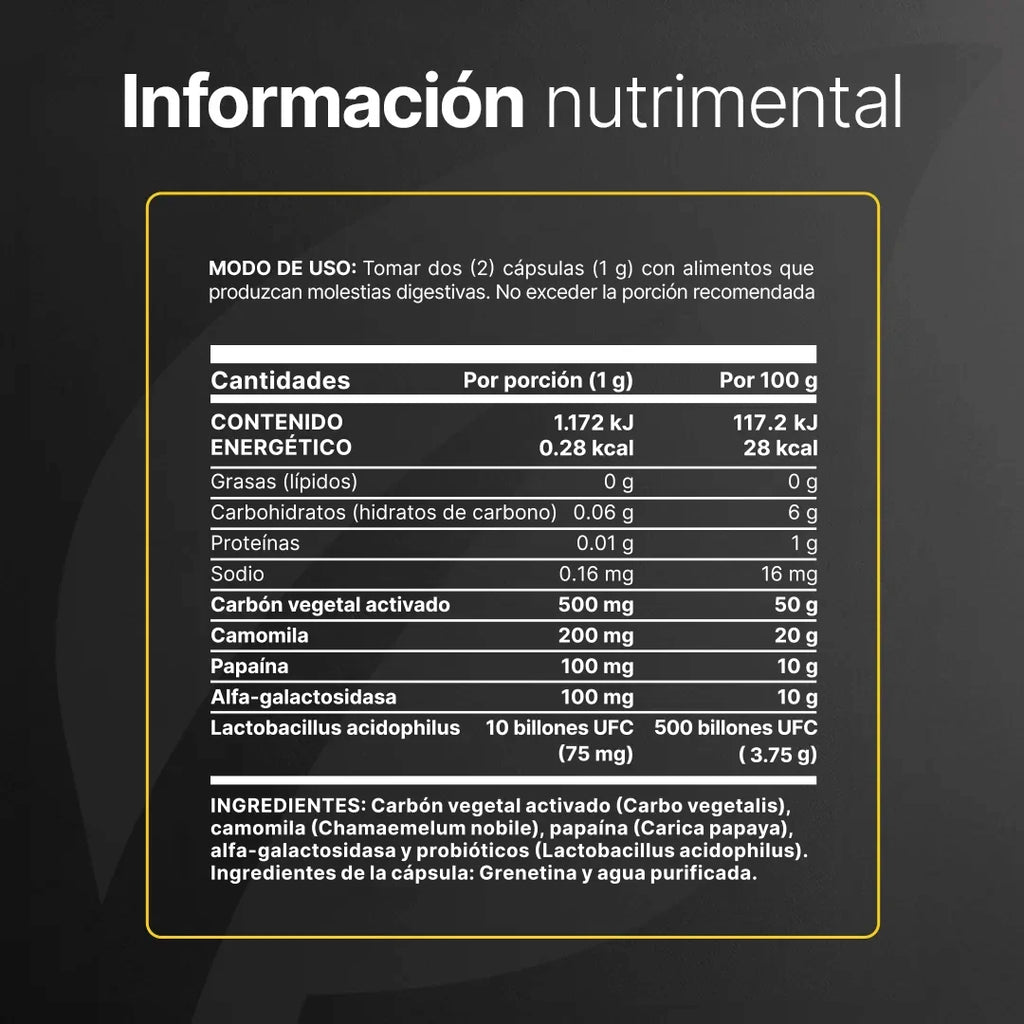 Mezcla de Carbón Vegetal, Camomila, Papaína, Alfa-Galactosidasa y Probióticos | 180 cápsulas