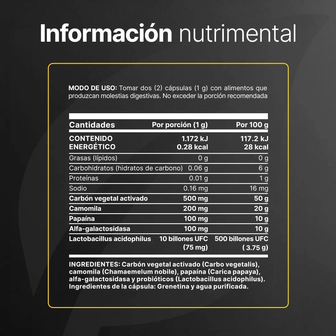 Mezcla de Carbón Vegetal, Camomila, Papaína, Alfa-Galactosidasa y Probióticos | 180 cápsulas