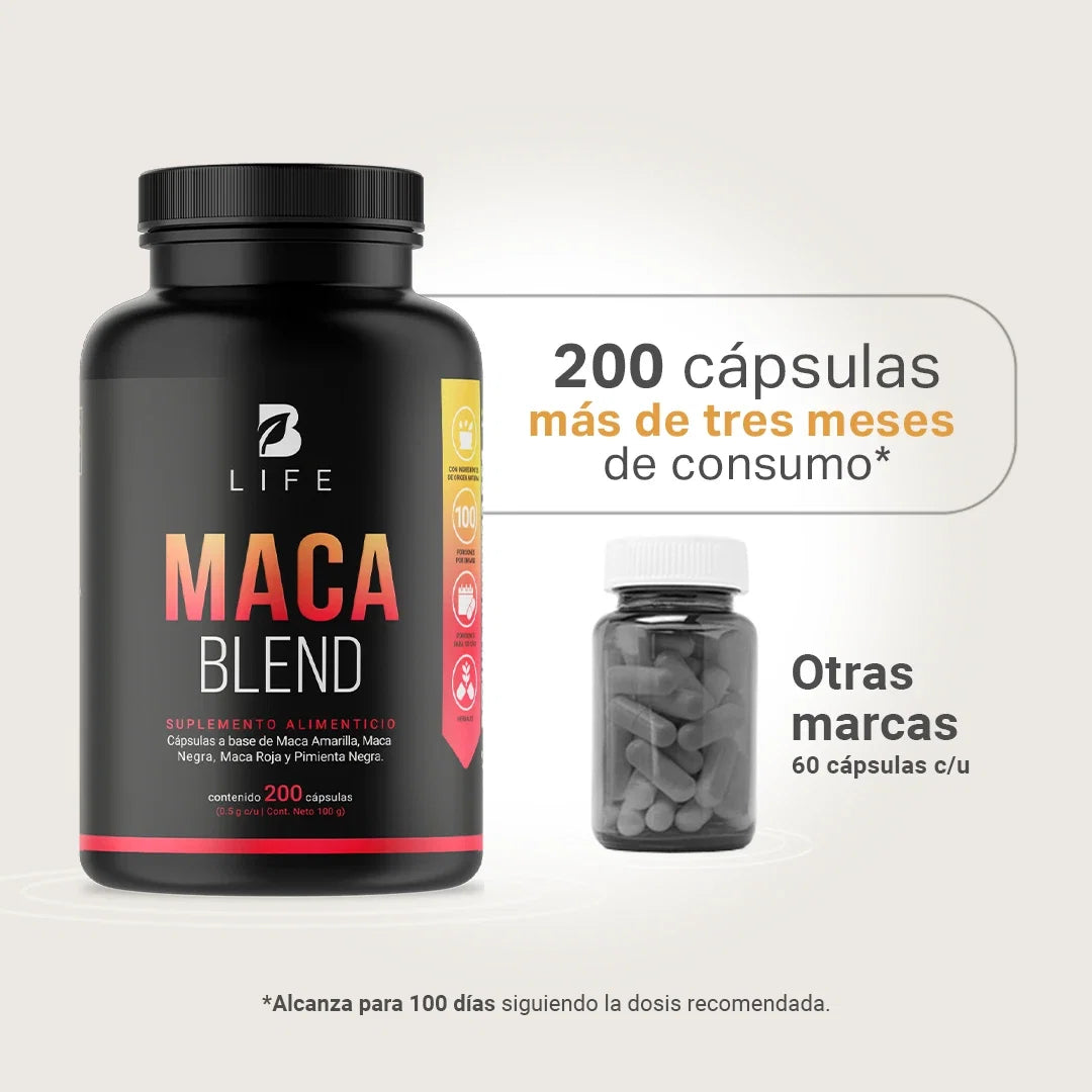 Maca Blend B-Life 200 Cápsulas | Maca Amarilla, Negra y Roja con Pimienta Negra