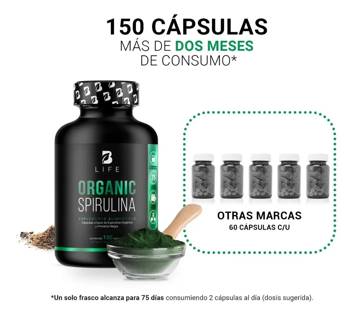 Organic Spirulina B-Life 150 Cápsulas | Espirulina Orgánica con Pimienta Negra