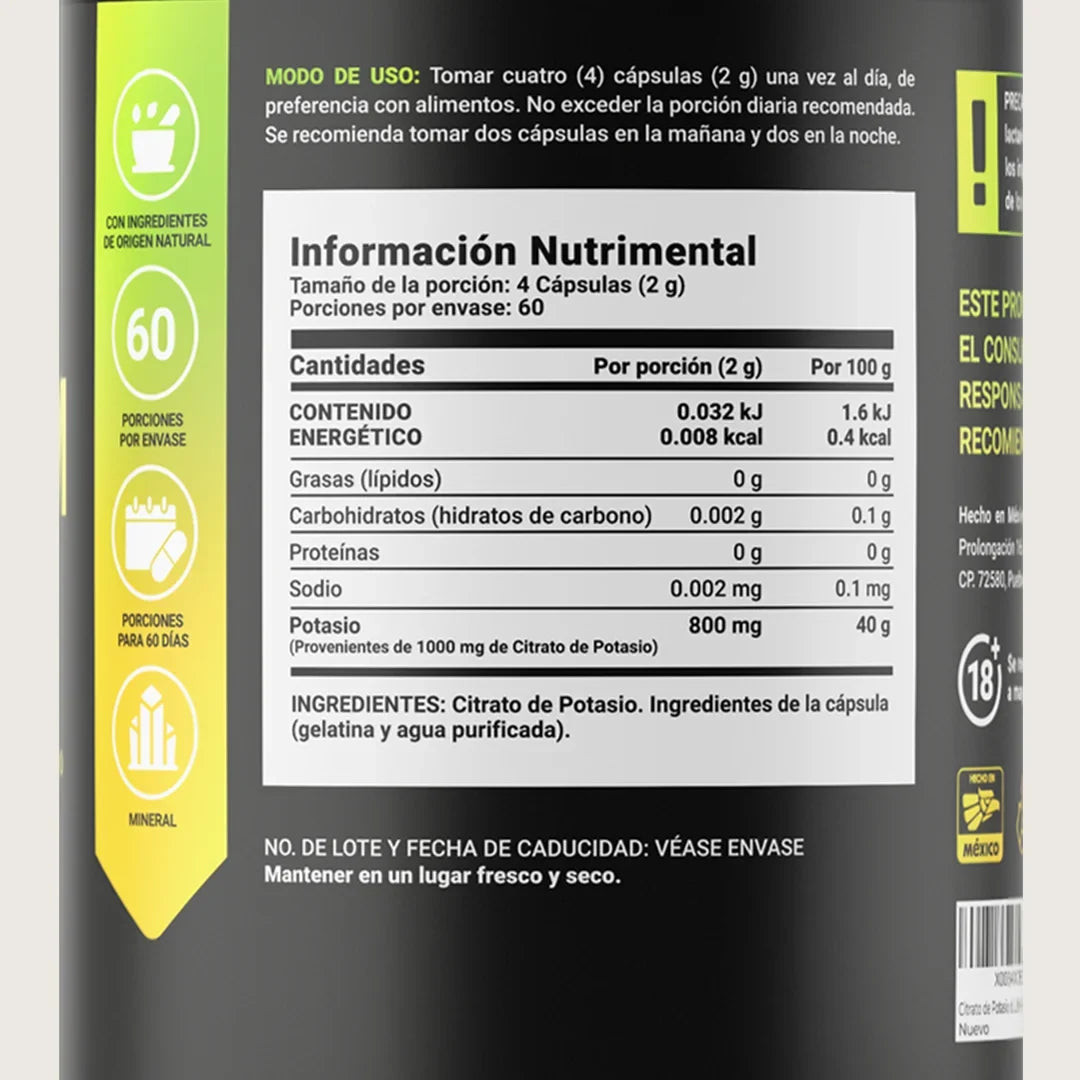 Citrato de Potasio | 800 mg de Potasio Provenientes de 1000 mg de Citrato | 120 Capsulas
