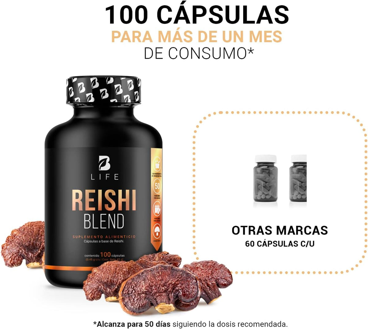 Hongo Reishi (Ganoderma) |Adaptogeno de 100 Cápsulas. Reishi Blend B Life.